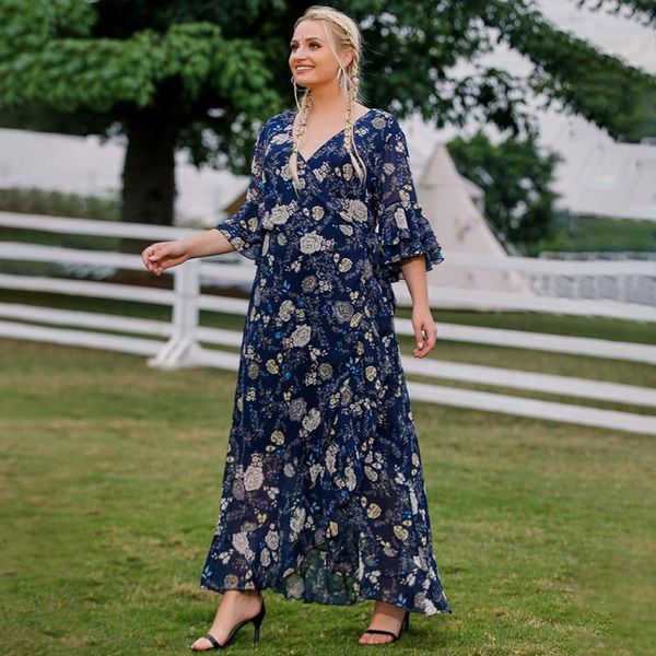 

plus size dresses fridayin autumn women's v-neck lace-up double-layer petal sleeve chiffon print ruffled casual wrap a-line, Black