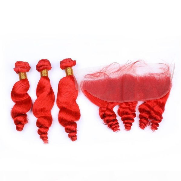 

virgin brazilian human hair bright red loose wave wavy 3bundles with frontal pure red 13x4 lace frontal closure with weaves 4pcs lot, Black