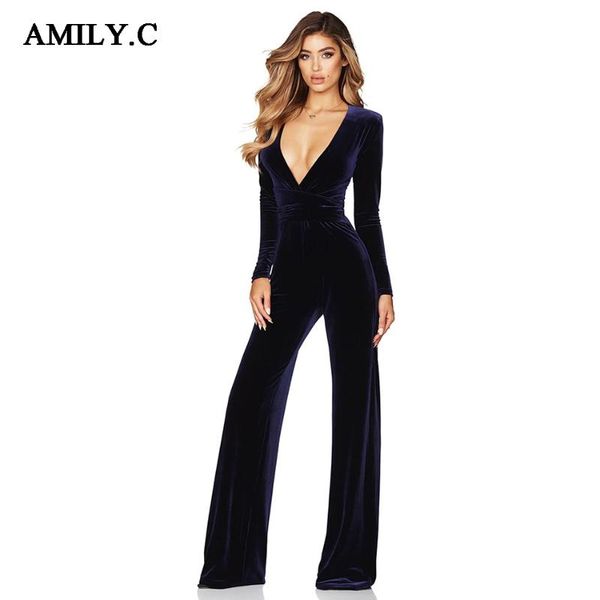 

women's jumpsuits & rompers amily.c 2021 long sleeve deep v jumpsuit solid color slim velvet elegant street wear workwear, Black;white