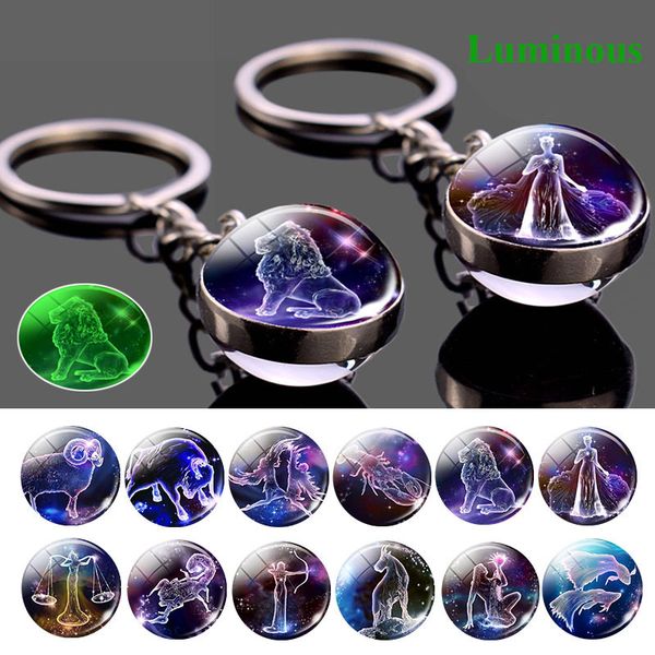 

glass ball pendant zodiac keychain 12 constellation luminous keychain glow in the dark key chain holder birthday gift men women, Silver