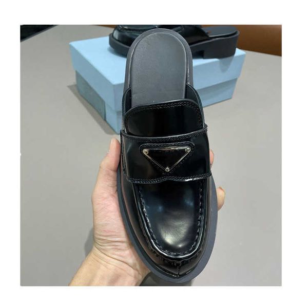 

slippers spring and summer 2021 upgrade triangle label lefu slippers fashion thick bottom high baotou british zly{category}, Black