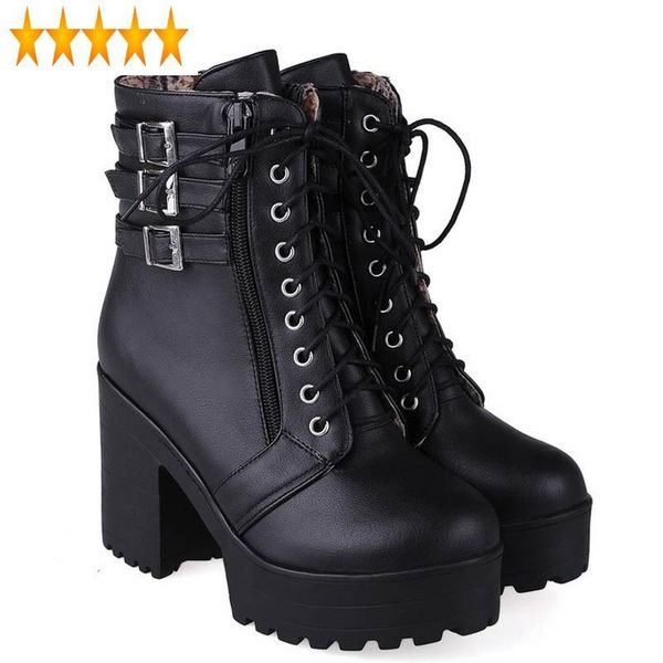 

boots zip streetwear fashion black korea buckle ankle womens autumn platform lace up chaussures femme motorcycle bike shoes