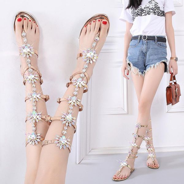 

sandals roman flat bohemian high rhinestone casual fashion bottomed flip, Black