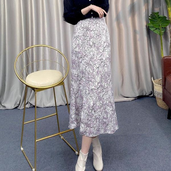 

skirts chic split flower print high waist lady skirt japan style sweet chiffon jupe 2021 spring summer temperament woman, Black
