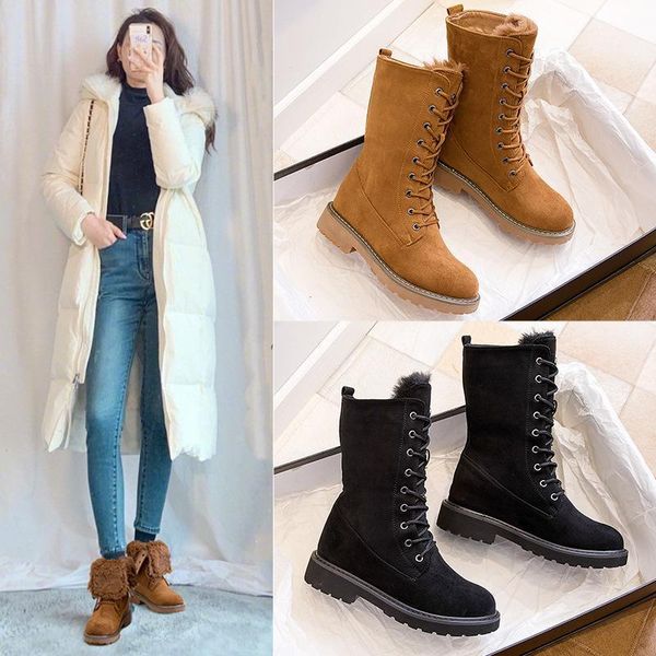 

boots winter padded warm shoes for women 2021 mid calf female green plush fur snow, Black