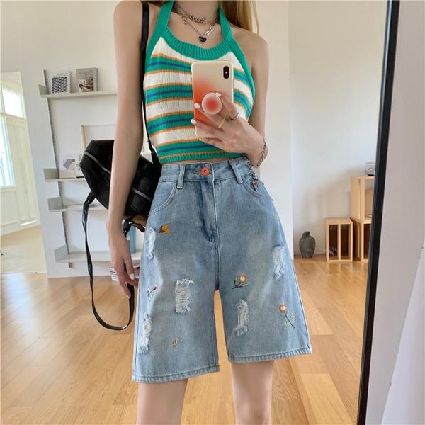 

women's jeans summer style loose holes wide-legged high-waist denim shorts women, Blue