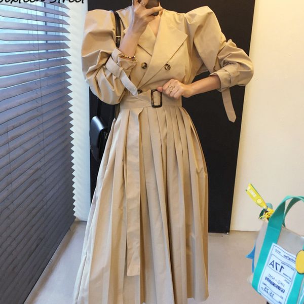 

women's trench coats [ewq] jaqueta corta-vento feminina casual com lapela, de renda dupla, cintura alta, manga prida, para outono, , 16, Tan;black