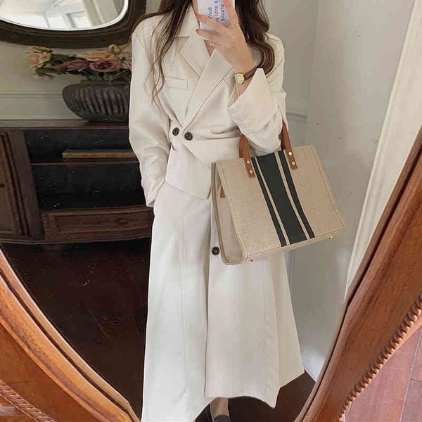 

two piece dress galcaur loose set for women notched collar long sleeve coat high waist a line midi skirts female solid sets style 337s, White
