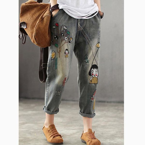 

women's jeans plus size embroidered washed casual straight pants, Blue