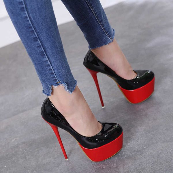 

extreme high heels platform shoes patent leather stiletto platform heels fashion nightclub wedding shoes women pumps size42 y0611, Black