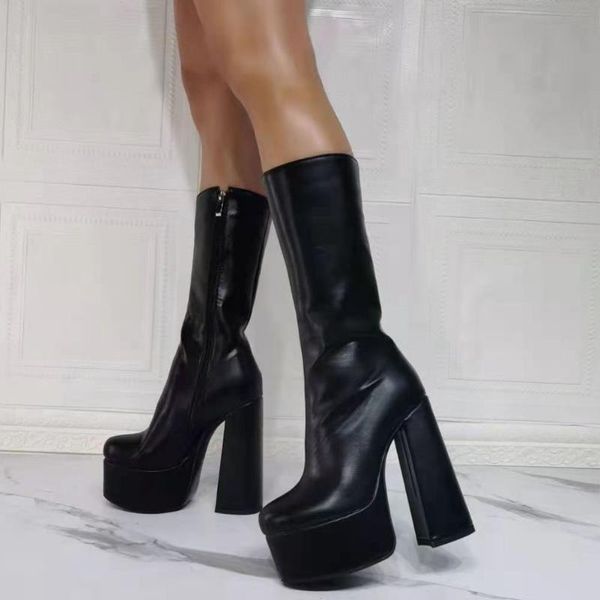 

boots 2021 cool design extreme high heels thick platform zipper calf nightclub party shoes woman, Black