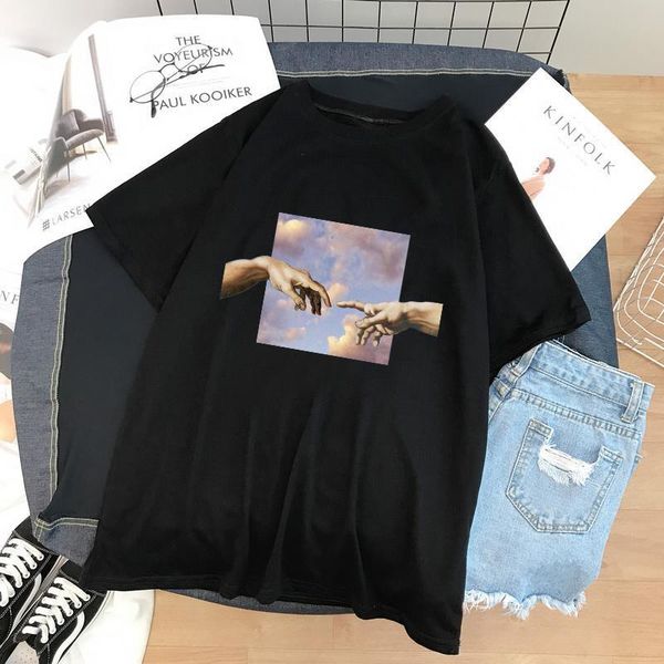 

michelangelo aesthetic art oil painting sky harajuku fun personality print streetwear t-shirt ulzzang hiphop casual women, White