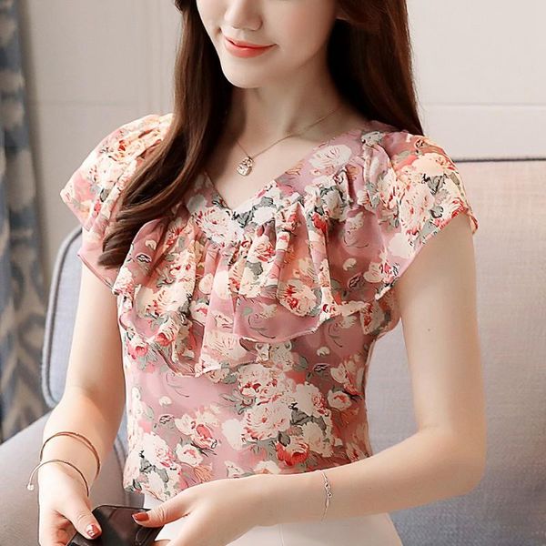 

fashion summer blouses women shirts plus size floral ladies short sleeve chiffon blusas feminina ruffled blouse mujer, White