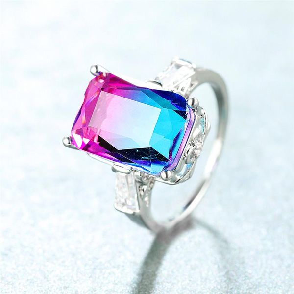 

wedding rings luxury female square crystal thin ring charm silver color love for women dainty blue purple zircon engagement, Slivery;golden