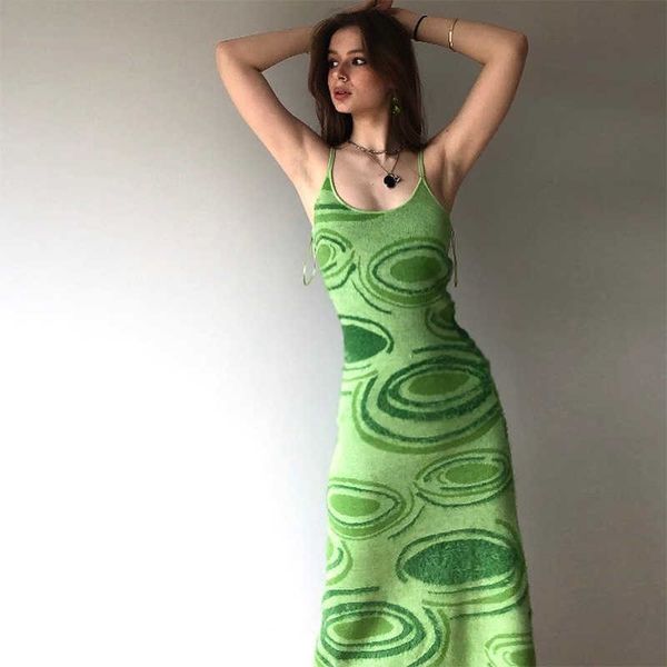 Donne del Vestito Sexy Y2K Verde Stampa Maglia Aderente Senza Maniche Della Cinghia di Spaghetti Beach Party Midi Vestito Estivo 2021 Robe Femme Abiti Y0603