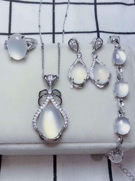 

bracelet, earrings & necklace c17#925 silver inlaid natural chalcedony set, the jade face is clean and translucent, Black