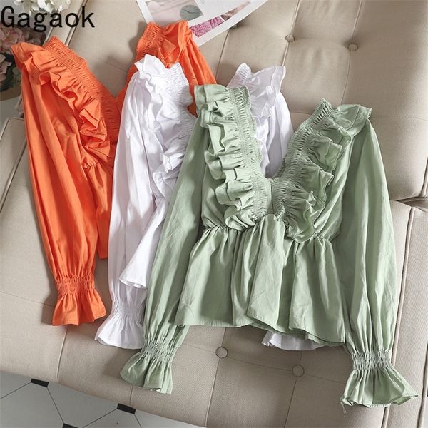 

gagaok women sweet short blouse spring autumn new solid v-neck flare sleeve ruffles slim chic wild female fashion korean shirt 210303, White