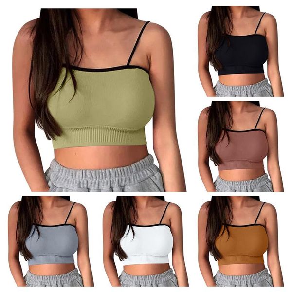 

camisoles & tanks 2pcs women's contrast-color chest wrapped seamless u-shaped back sports bra tube women crop strap lingerie, Black;white