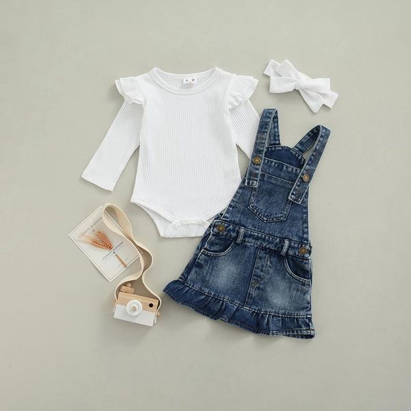 

clothing sets baby girl long sleeve o-neck ribbed romper with ruffles short denim suspender skirt 2pcs born baby's set, White