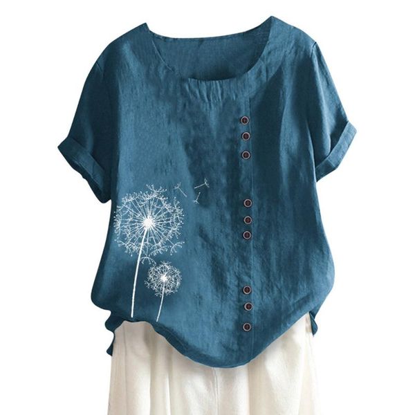 

women's t-shirt plus size womens casual loose button linen print bohemian tanic shirt o-neck special lace splice design, White