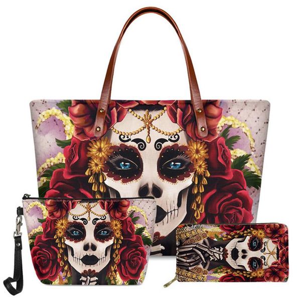 

evening bags gothic skull girls shoulder for women luxury handbag wallet 3pcs/set sugar with rose printed totes purse