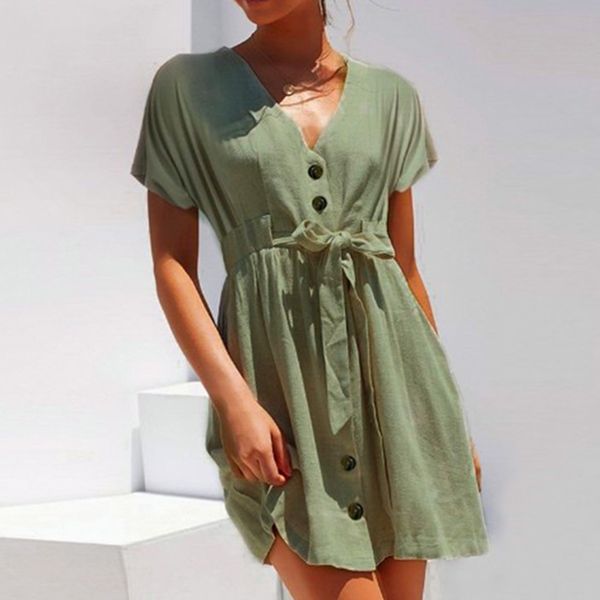 

vintage button women dress shirt v neck short sleeve cotton linen short summer dresses casual korean vestidos festa, Black;gray