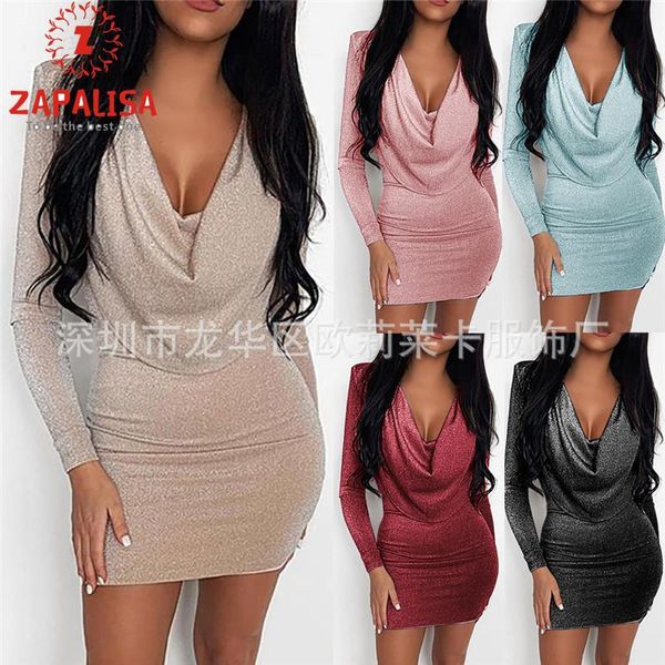

casual dresses women bling pencil dress for party patchwork design v-neck long sleeve high waist solid color autumn slim hips mini, Black;gray