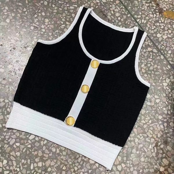 Canotte lavorate a maglia da donna Top corto Estate con bottoni Lettera Canotte Canotte Donna Tinta unita Maglia elastica Sottile Senza maniche Gilet da allenamento Quadrato Lettera 4 Stile