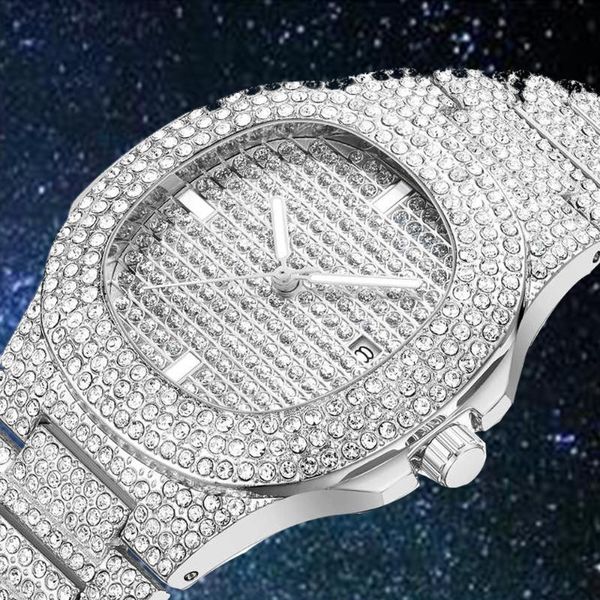 

wristwatches hip hop iced out men quartz watch luxury full diamond round watches mens stainless steel waterproof wristwatch relogio masculin, Slivery;brown