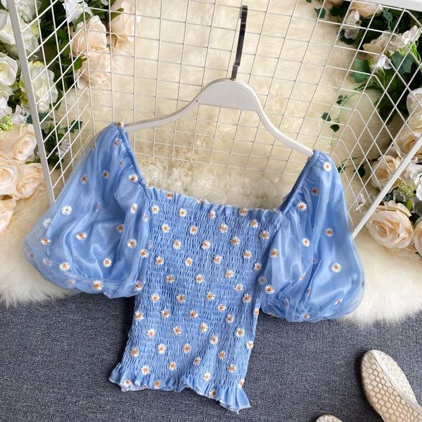 

2021 sweet women sleeve blouse summer off shoulder slim crop ladies floral embroidery short shirts 65q4, Gray