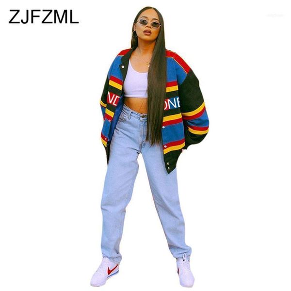 

women's jackets letter striped patchwork harajuku loose coat women fashion long sleeve single-breasted outwear streetwear girls sporty, Black;brown