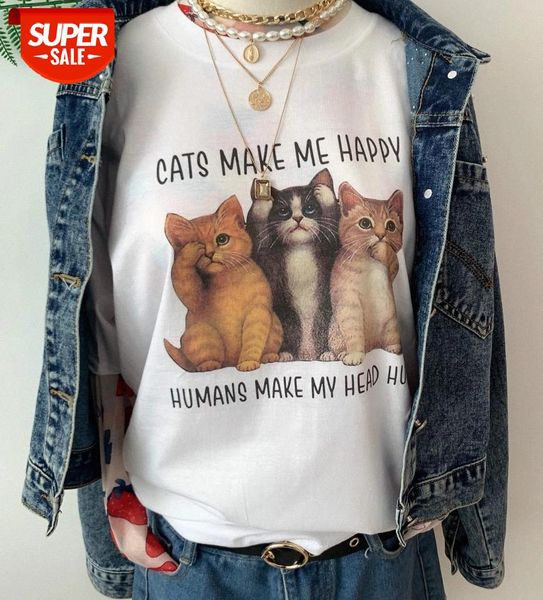 

sunfiz HJN Cats Make Me Happy Human Make My Head Hurt T-Shirt Women's Cute Funny Tee For Cat Lovers Cat Kitten Shirt #dk8n, White