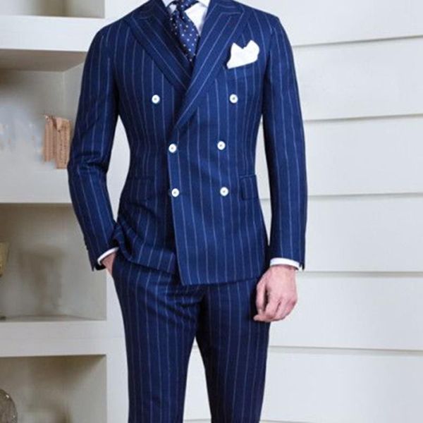 

men's suits & blazers navy blue pinstripe wedding tuxedos double breasted mens groom suit peaked lapel plus size prom party blazer jack, White;black