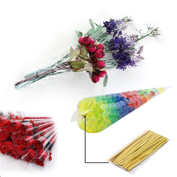 

gift wrap 50pcs clear cellophane packing bag candy cone bags flower chocolate sweet popcorn plastic wrapping birthday wedding
