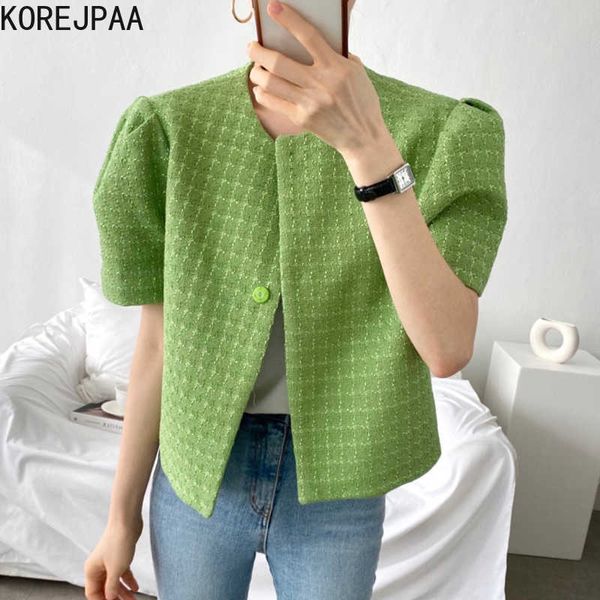 

korejpaa women jacket summer korean chic ladies gentle temperament concealed button loose puff sleeve textured short coats 210526, Black;brown
