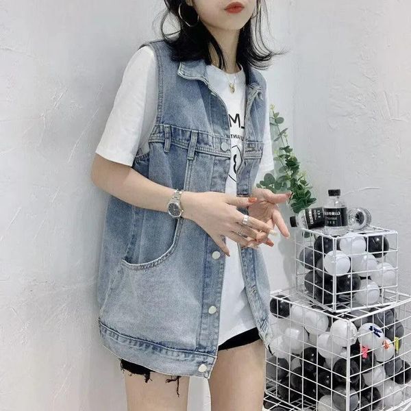 

women's vests 2021 spring summer denim waistcoat vest women long sleeveless jackets female vintage jeans coat plus size loose cowboy, Black;white