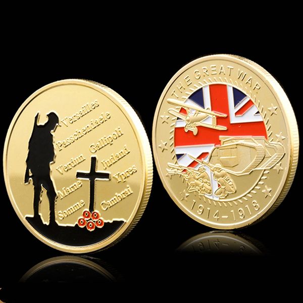 

1914-1918 military war gold plated souvenir coin great war 100th anniversary commemorative challenge coin medal craft