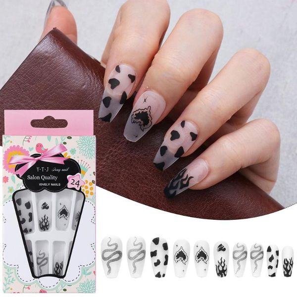 

false nails 24pcs/box ballerina full cover detachable artificial fake nail tips wearable snake flame coffin, Red;gold