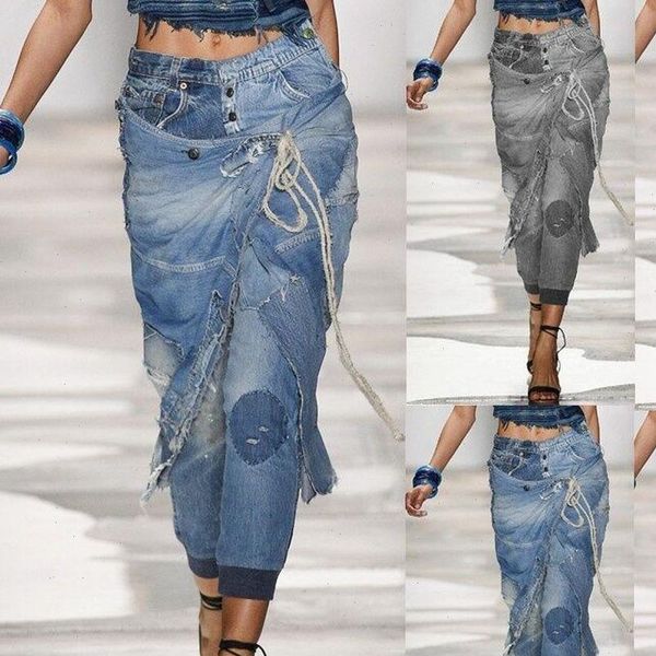 

jeans woman 2021 new fashion personality broken hole washed bleached vintage low waist plus size pencil pants, Blue