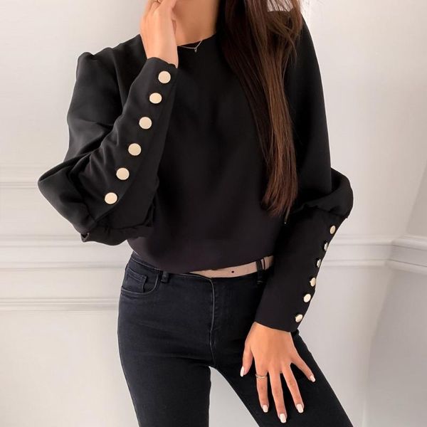 

classic fahion black blouses long puff sleeve womens blouses and with buttons trendy designs of office bluzka #c, White