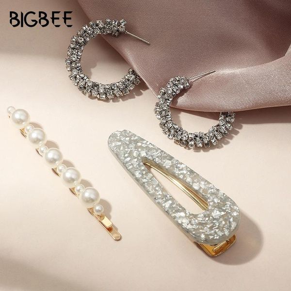 

hoop & huggie 3pc/set fashion crystal zircon pearl earrings jewelry for women fine earring cz pearls hairpin berloque girls gift, Golden;silver