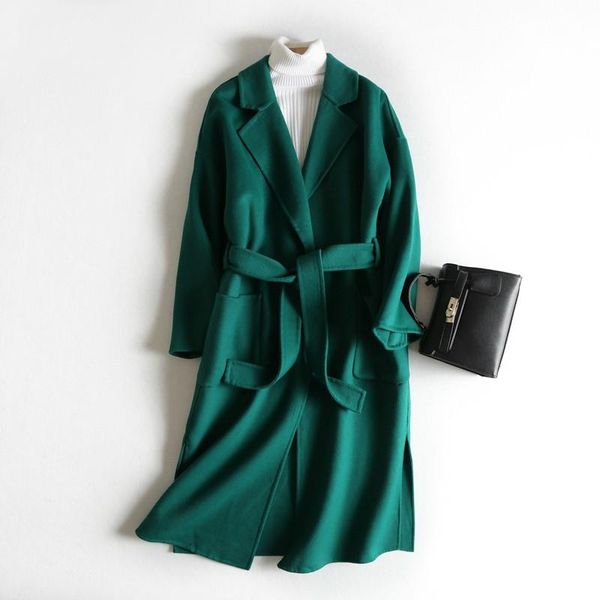 

women's wool & blends womens elegant green 100% long coats with slash sleeves 2021 autumn winter female overcoat abrigo mujer, Black