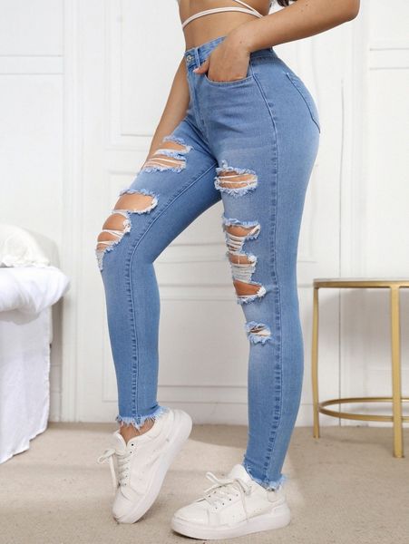 

high stretch raw hem ripped skinny jeans f8s7#, Blue
