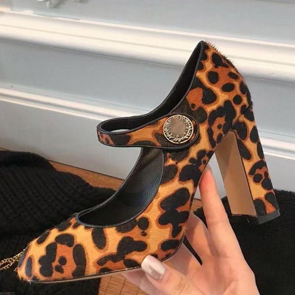

leopard chunky high heel shoes women suede round toe shallow mouth magic tape single shoes 2021 runway party pumps female, Black