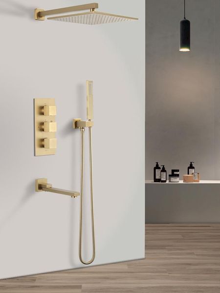 

brush gold shower faucet set wall mounted brass bathtub faucet set square thermostatic bathroom shower tap