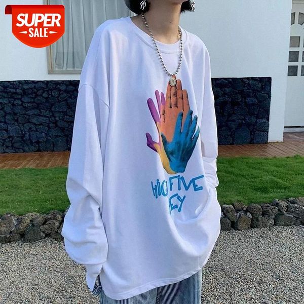 

punk thin art hand printed tshirt women clothes 2020 mid-length spring autumn loose long sleeve trendy kpop college style #m89o, White