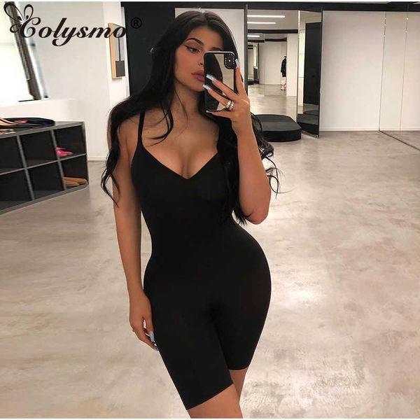 

colysmo summer jumpsuit women deep v-neck spaghetti straps playsuit party club wear romper casual short gray 210527, Black;white