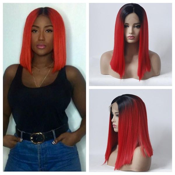 

synthetic wigs straight lace front wig for women ombre red cosplay 14 inch frontal natural hair heat resisrtant fiber, Black