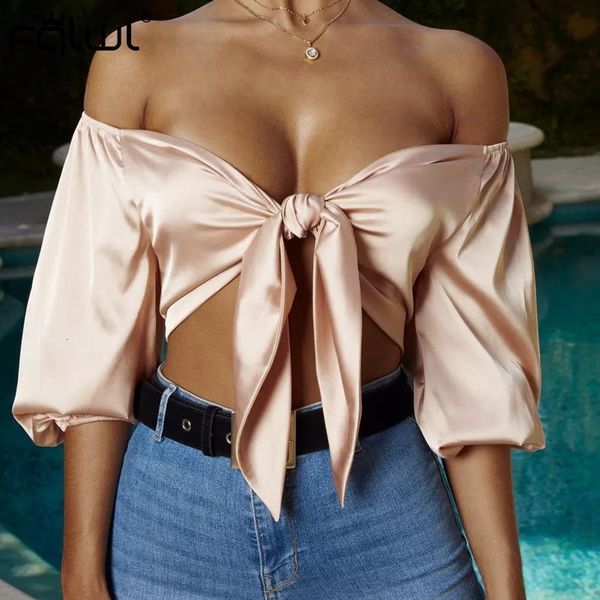

bow tie off shoulder satin club crop women t shirt backless bandage silk short summer tank female, White