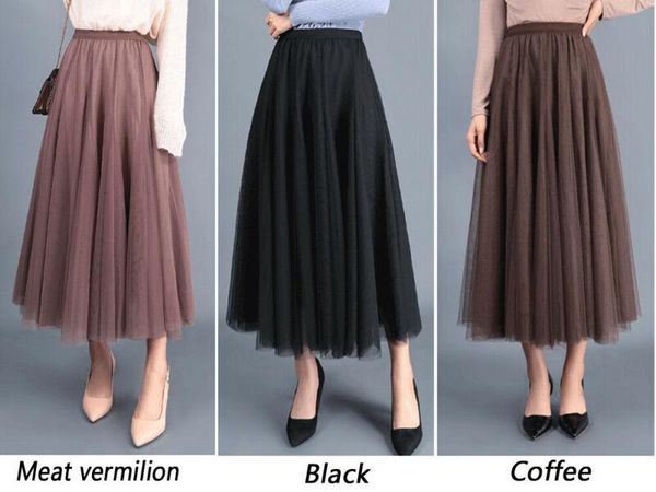 

skirts 2021 summer autumn women tulle skirt pleated black high waist midi thin chiffon mesh yarn loose long